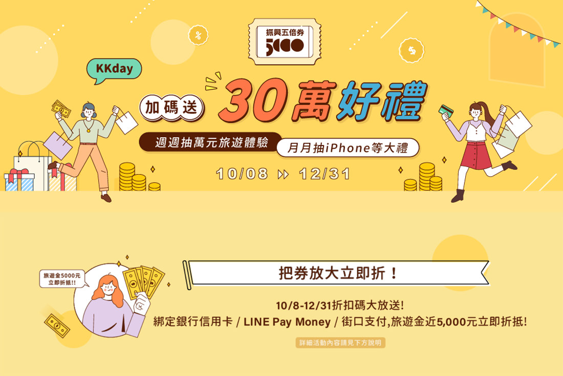 2021振興五倍券｜KKday加碼30萬好禮大方送，旅遊神隊友把券放大立即折